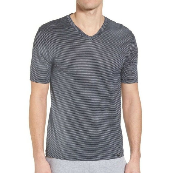 HANRO Mens Marine Gray Striped Mercerized Cotton V Neck T Shirt XL NWT